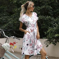 summer new printed floral lace up short sleeve midi dress women clothes casual loose v neck streetwear ladies party dresses