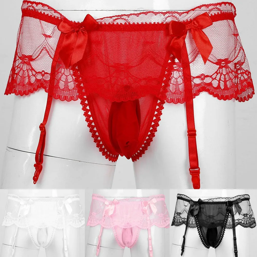 

Mens Sissy Lingerie Panties Underwear Through Breathable Lace Briefs With Garter Sexy Gay Underwear Shorts