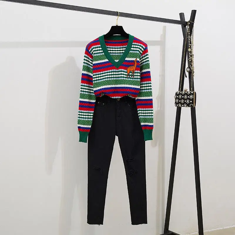 ICHOIX свитер с вышивкой + черные штаны комплект из 2 предметов Женский одежды милый