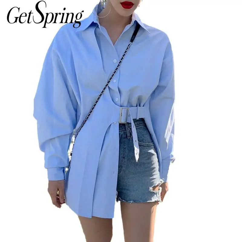 

Getspring Women Shirt Irregular Cotton Woman Blouses Shirts Asymmetry Long Sleeve Casual Women Tops Bloues Blue Black Tops 2020