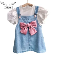 summer new girl big bow tie suspender skirt puff sleeve two piece blouse toddler girl summer clothes 2021 girl clothes