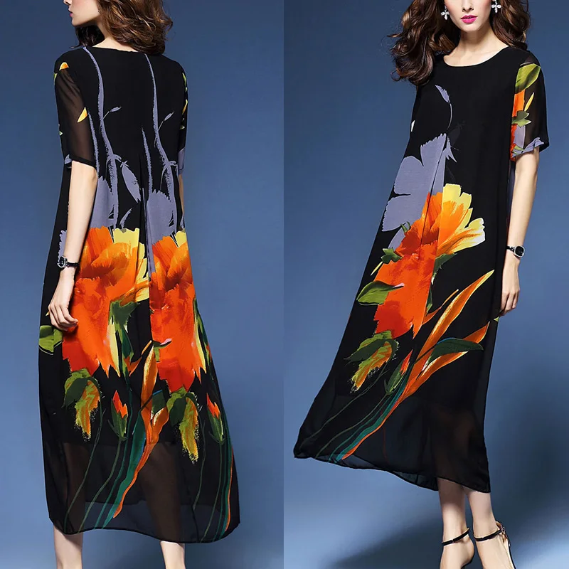 

Pop Women Print Long Dress Round Neck Short Sleeves Loose Dress For Summer M-5XL Pop 88