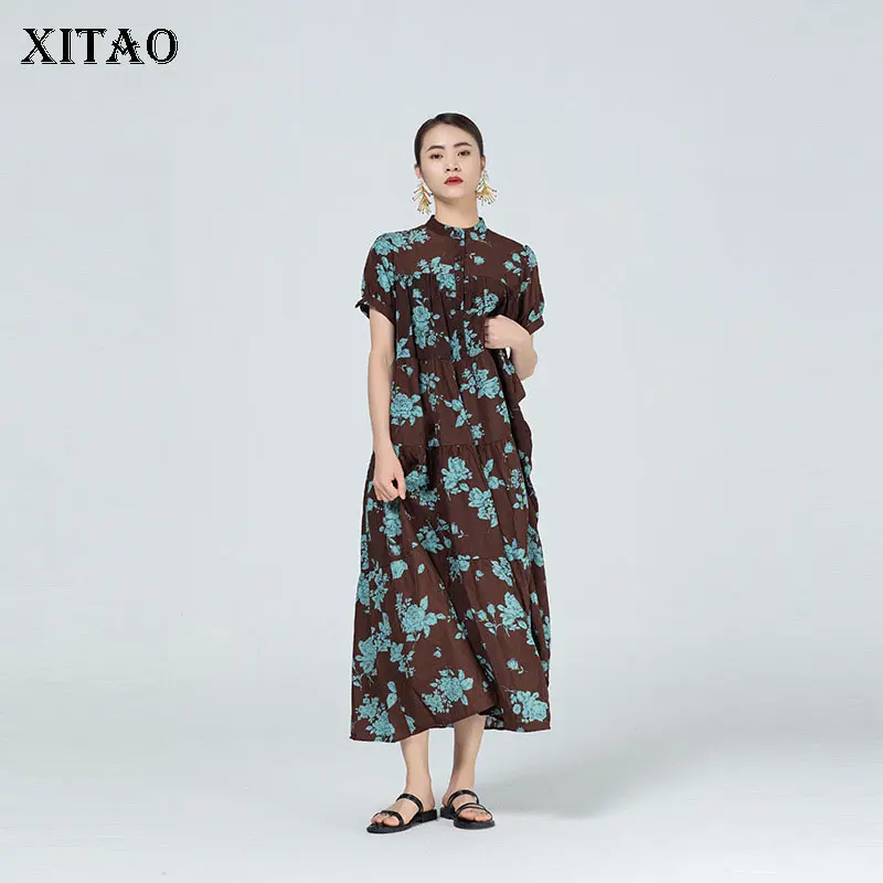 

XITAO Flowers Print Pattern Pleated Dress Patchwork Color Contrast 2021 Summer New Vintage Style Loose Short Sleeve WMD1096