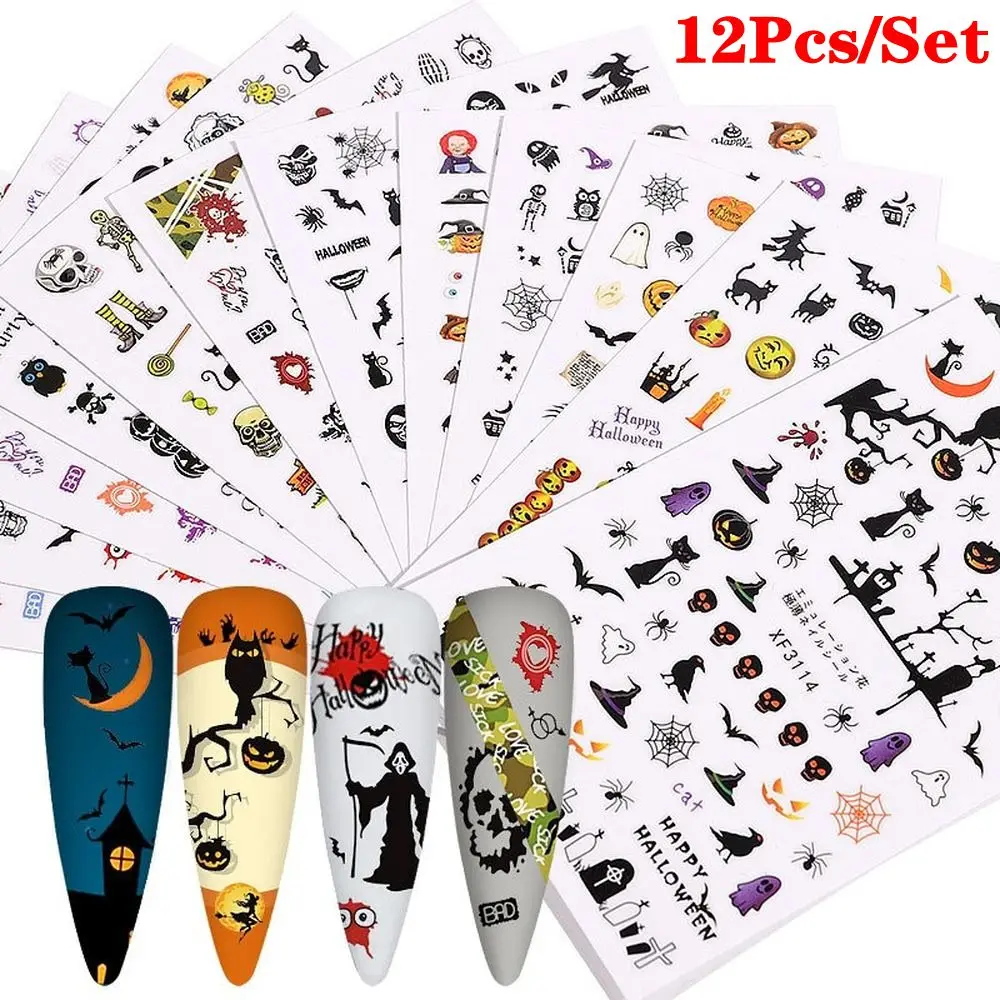 

12Pcs Halloween Nail Art Watermark Sticker European and American Style Pumpkin Skull Transfer Nail Sticker