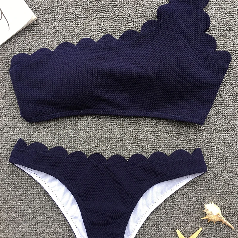 Одно плечо волнистые Одноцветный бикини набор Для женщин с лямкой на шее