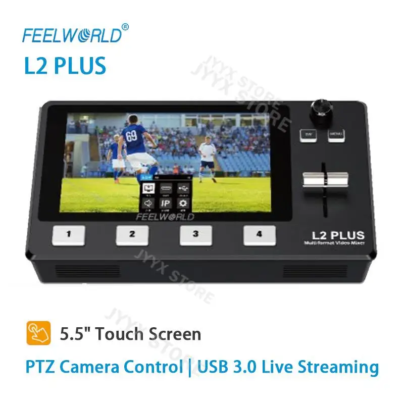 

Feelworld L2 Plus Video Switcher with 5.5" Touch Monitor USB 3.0 APP PTZ Camera control Green screen cutout for Live Streaming