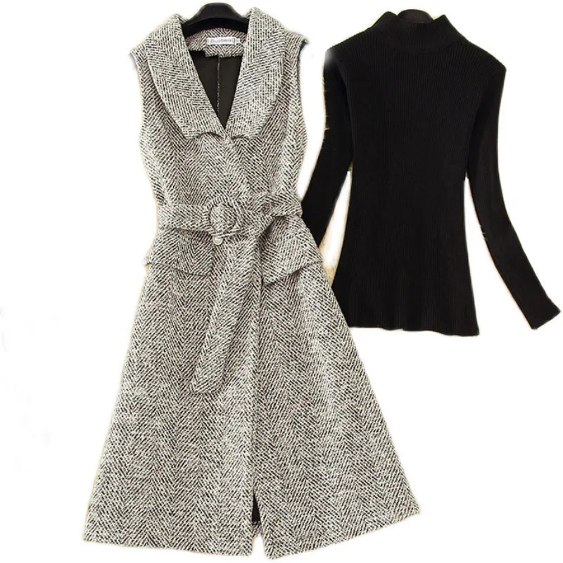 

Wool Knitting Women Dresses Sets Winter Sweater Pullovers And Sashes Slim A-Line Knee-Length Female Clothing Suits