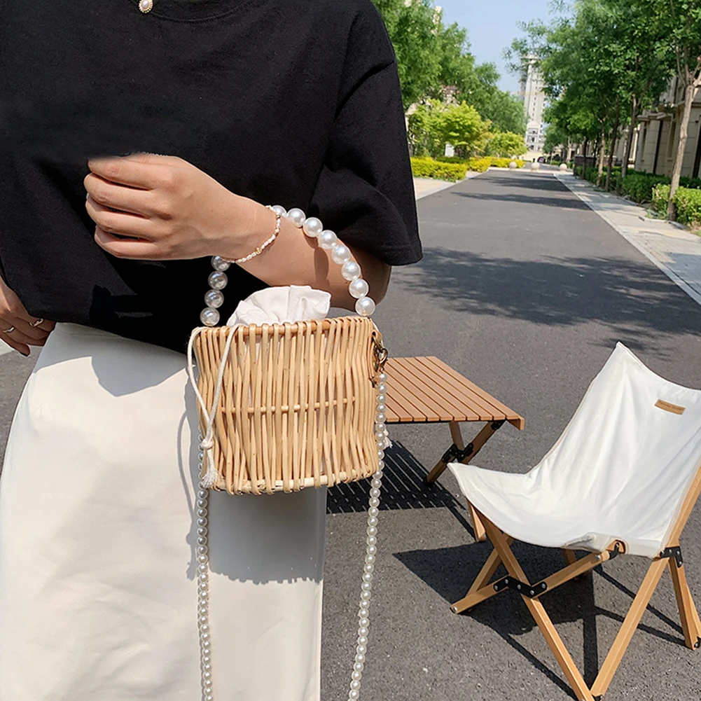 

Women Rattan Woven Shoulder Crossbody Bag for women Fashion ladies Basket Bucket Messenger Bags 2021 summer female handbags
