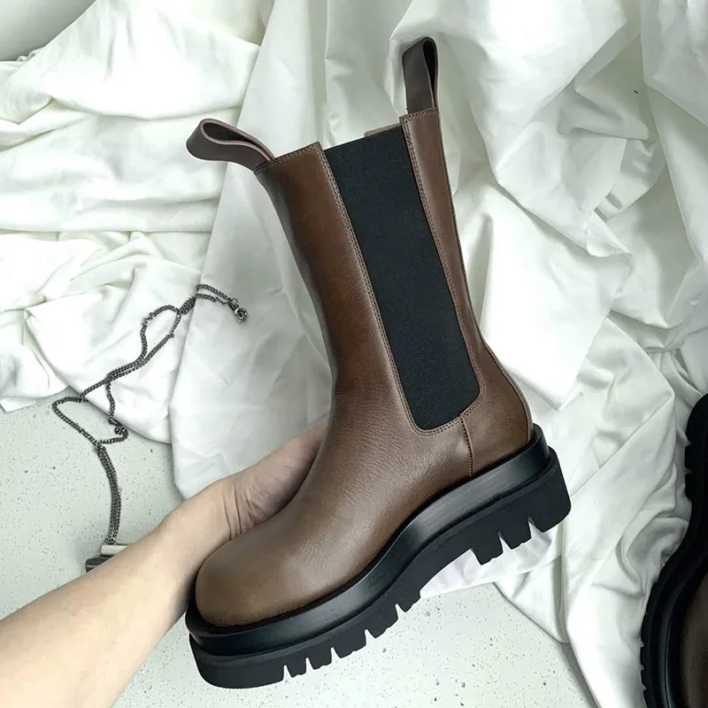 

Brown Real Leather Chelsea Boots Women Round Toe High Quality Thick Bottom Botas Militares Female Fashion Ankle Boots