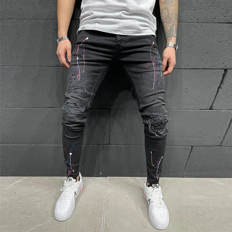 

Printed Men Ripped Skinny Zipper Jeans slim fit Fashion Biker Pencil Pants Locomotive Denim Pants Hip Hop Draped Jeans Male