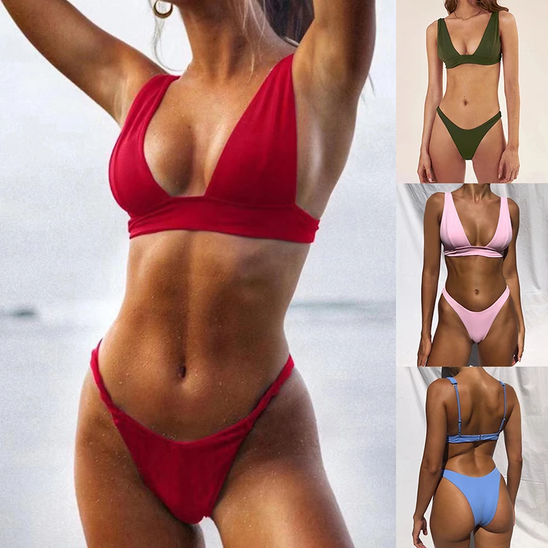 Женский купальный костюм с чашками пуш ап однотонный микро купальник из двух