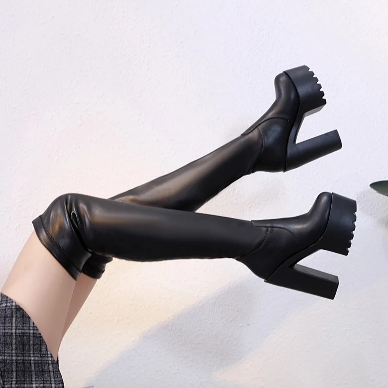 

15cm women's boots winter new boots black high heels thick-soled high-heeled knee elastic boots