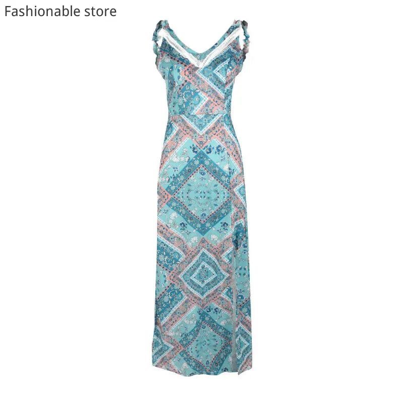 

Women Sexy Spaghetti Strap Ruffles Backless Bandage Deep V Neck Side Slit Party Dress