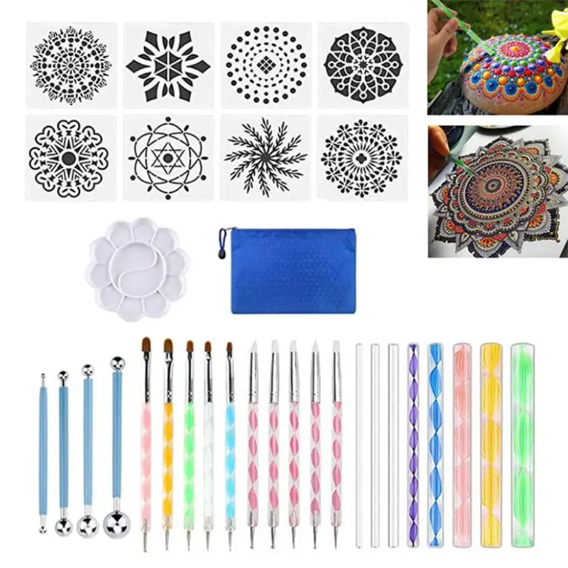 

32pcs Mandala Dotting Tools Painting Pen Brushes Stencil Paint Tray for Pottery K3KB