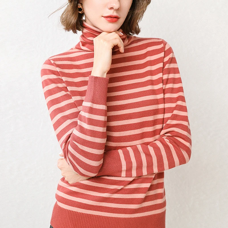 Женский полосатый свитер с высоким воротником повседневный вязаный пуловер