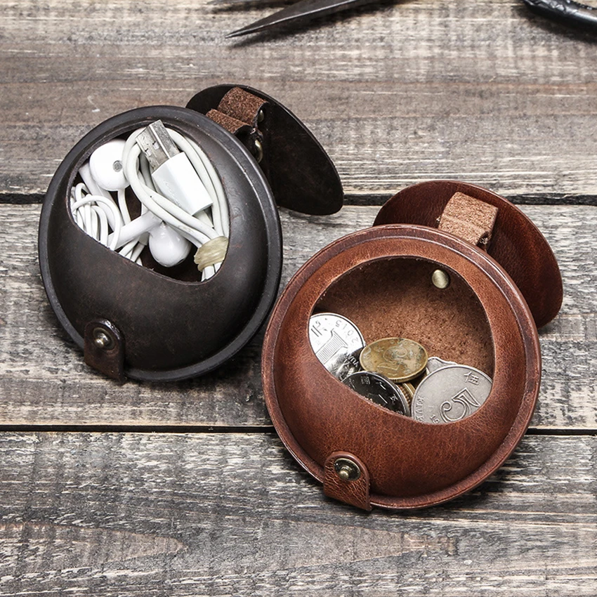 

Leather Earphone Case Headphone Cable Storage Protector - Shockproof Mini Carrying Organizer with Buckle, for Coins, Cords