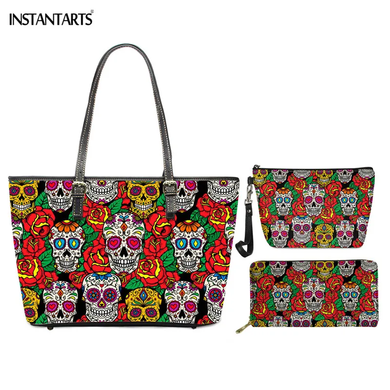 

INSTANTARTS забавные сахарный череп дизайн женская полиуретановая Наплечная Сумка 2021 модные готические высокие вязаные 3 шт. кожаная сумка женск...