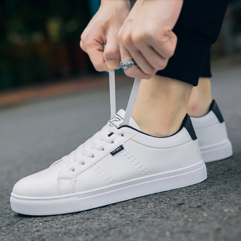 

New Men Casual Leather Flat Shoes Fashion Spring Autum Lace-up Low Top Shoes White Male Breathable Comfortable Shoes U1-48