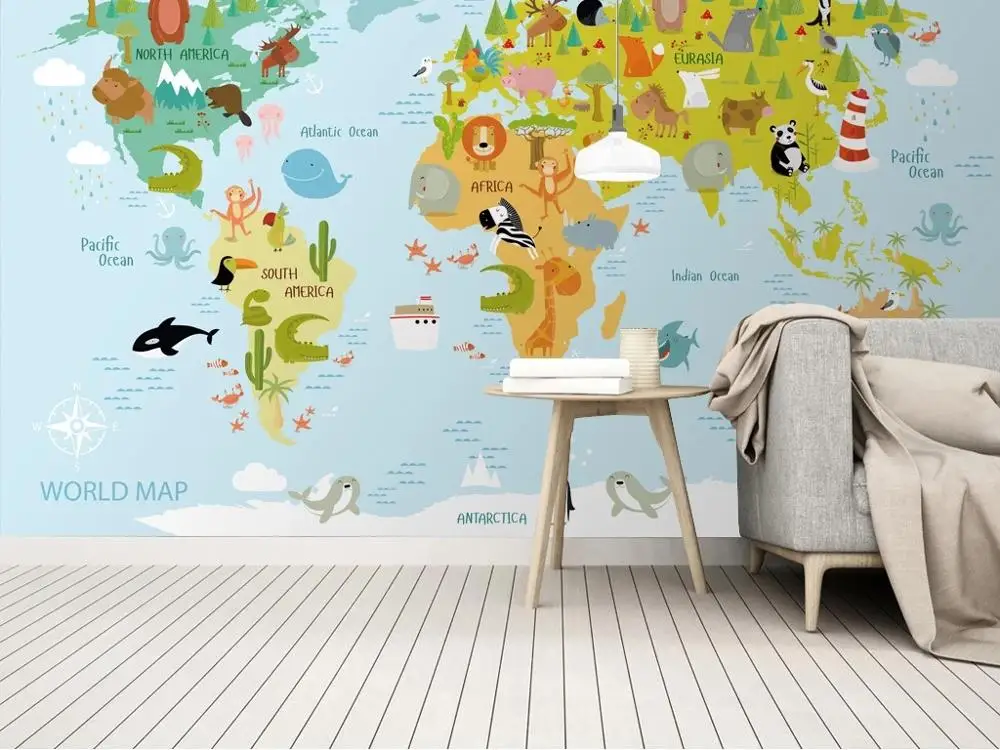 

New Custom 3D Large Mural Wallpaper Nordic modern fresh cartoon animal world children's room TV Background living Bedroom