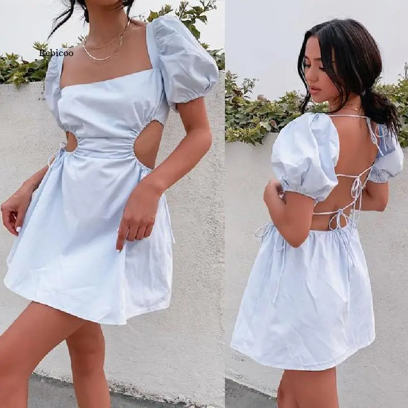 

Summer New Sexy Backless Temperament Women's 6-Color Square Collar Lace-Up Hollow Out Puff Sleeve A-Line Dress Femme Robe