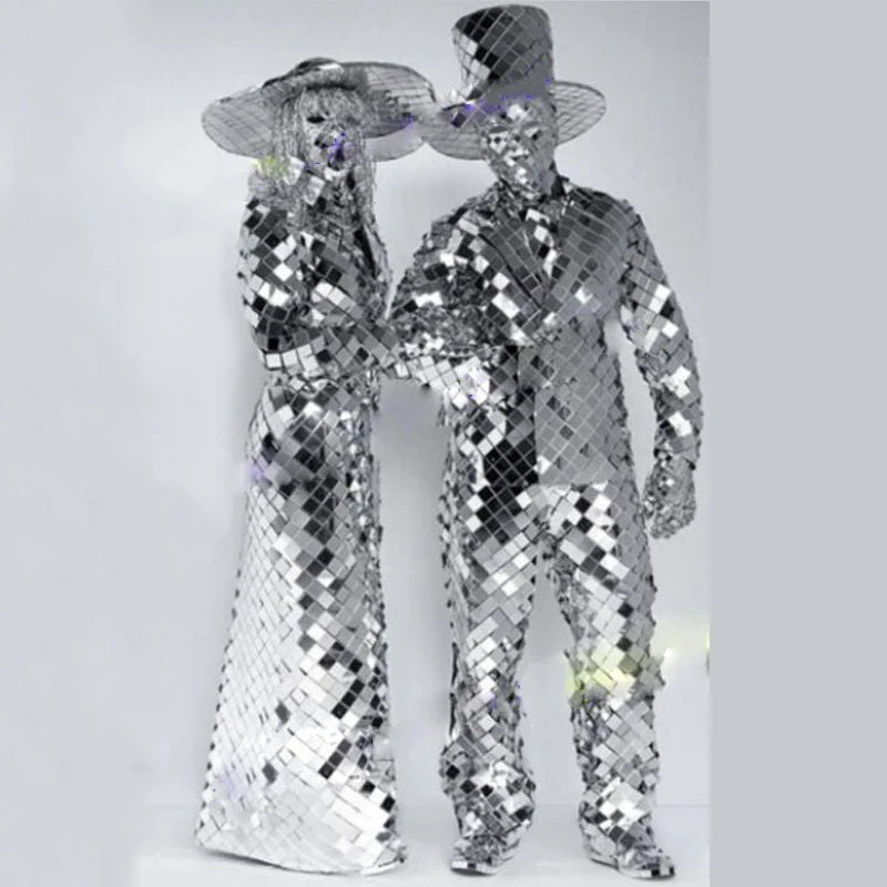 

New Silve Mirror Stage Costume Women Men Bar GoGo Dance Costume Party Rave Mirror Dress Nightclub Dress Jumpsuit DJ Show Wear