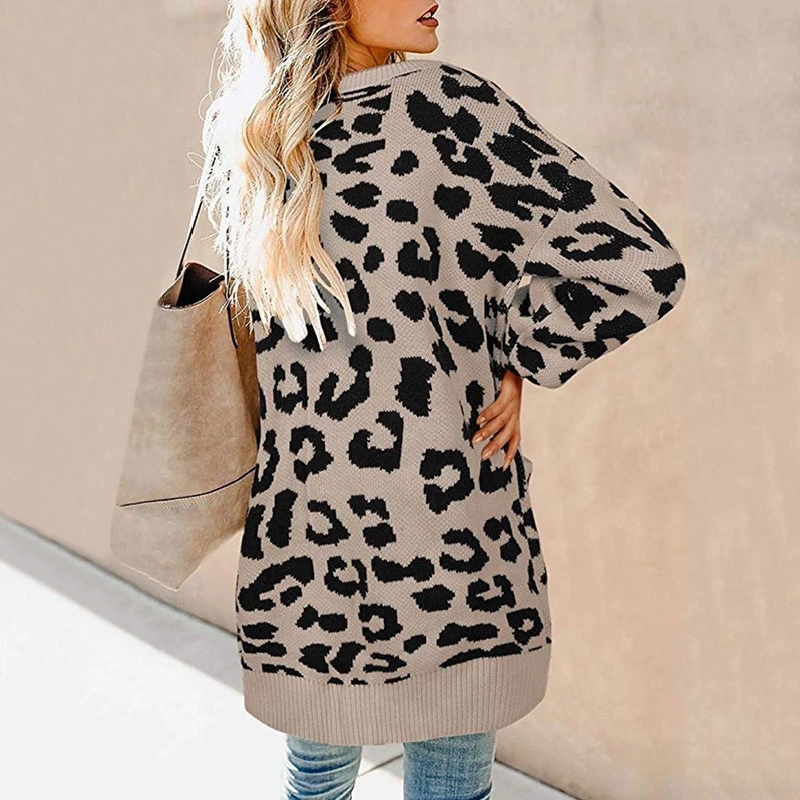 

Autumn/Winter Knitwear Europe and America Mid-length Lantern Sleeve Button Leopard Print Cardigan Sweater for Women Fashion