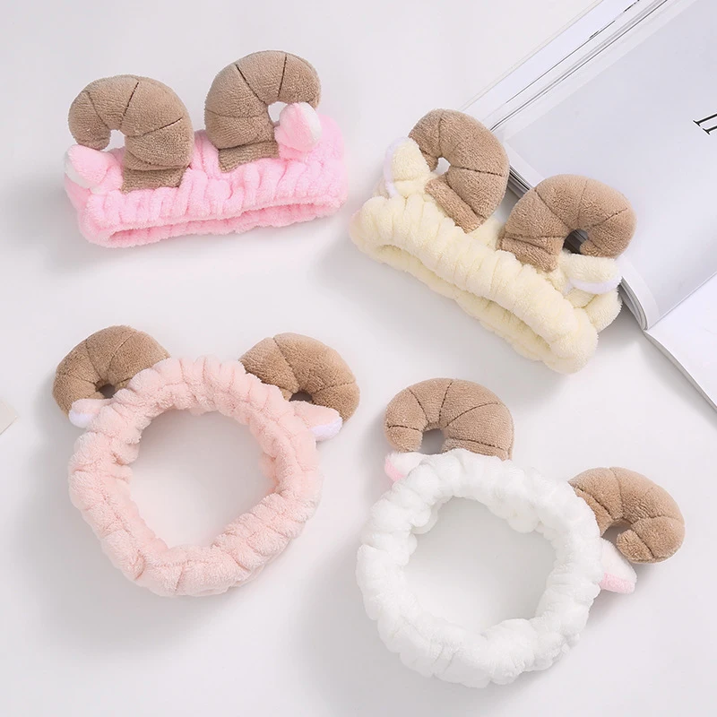 

Cute Coral Fleece Sheep Horn Headdress Soft Makeup Wash Face Headband Girl Sweet Headwrap Elastic Band Cartoon Hair Accessories