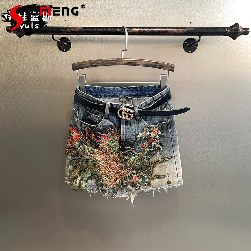 2021 Summer New Embroidered Phoenix Women Short Denim Skirt Korean Style Loose Straight Fashion Ladies Mini Jeans Mini Skirt 2020 new korean style elegant split embroidered a line denim midi skirt korean harajuku skirt jean skirt denim skirt