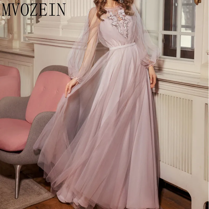 

Robe De Soiree, длинное вечернее платье, 2019, круглый вырез, полный рукав, вечернее платье с кружевной аппликацией, платья, vestido de festa Longo
