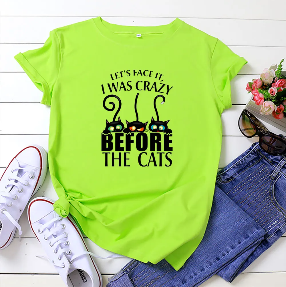 

Summer Women's T-shirt S-5XL Black Cat Printed Women's T-shirt 100% Cotton 2021 New Women Shirt O-neck Short Sleeve Women Tops