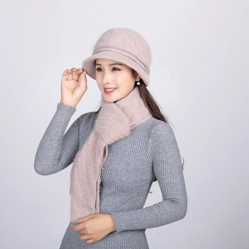 

New Women Wool Rabbit Fur Knitted Hat Beanies Solid Color Fashion Female Basin Cap Winter Neck Warm Ear Protection Hat Scarf Set