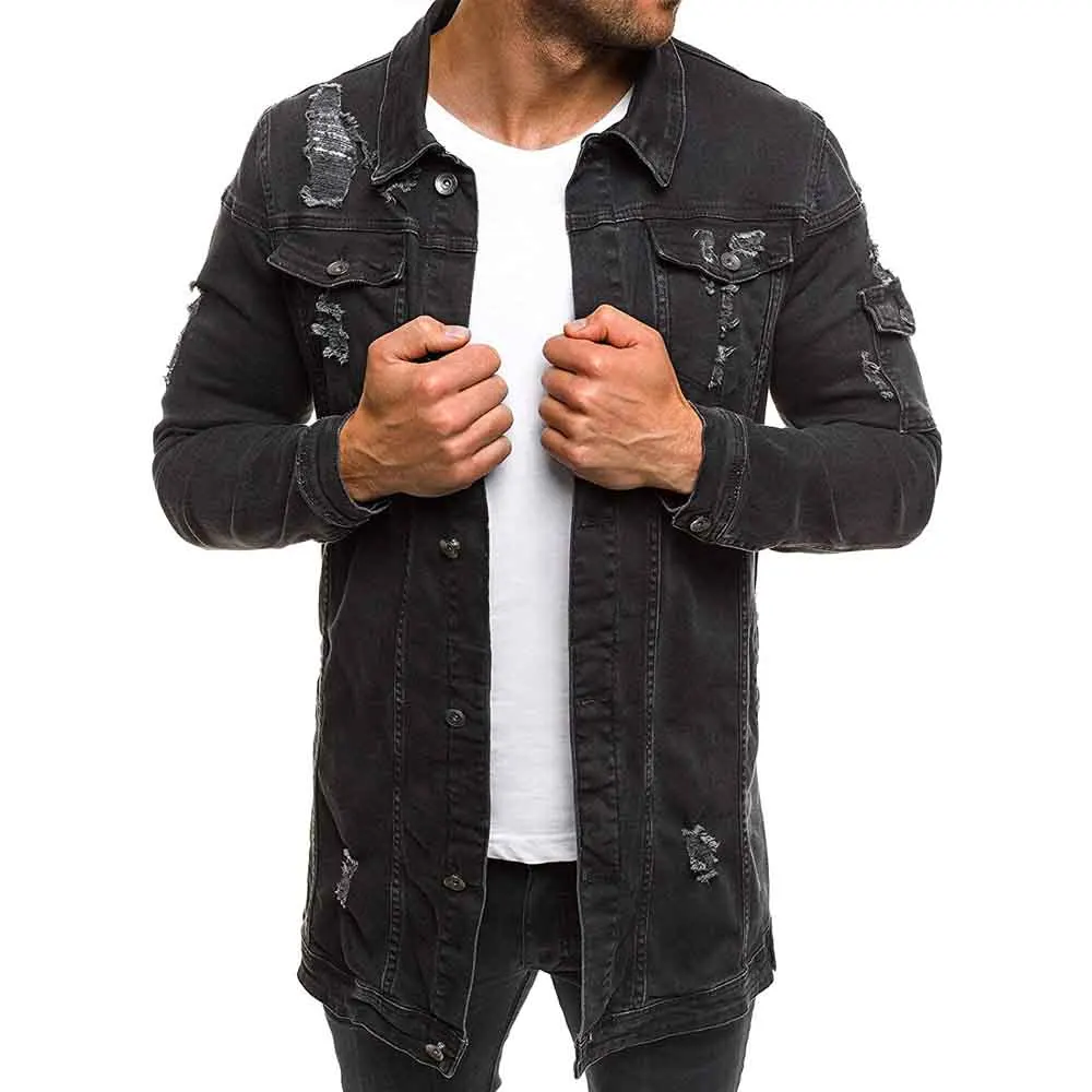 E-BAIHUI 2020 Fashion Mens Long Denim Jackets Coats Ripped Distressed Slim fit Jeans Casual Jean Jacket Coat for Male | Мужская одежда
