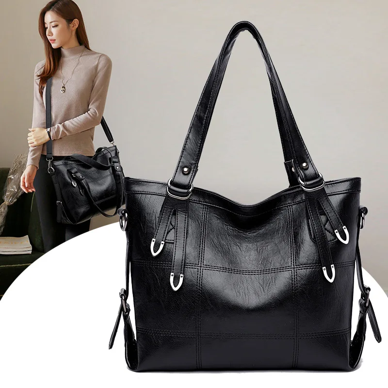 

Fashion Korean Casual Trendyol Plaid Vintage Handbag Women'S Leather Black Large Travel Hobo Tote Bags Mommy Shoulder Ladis Hand