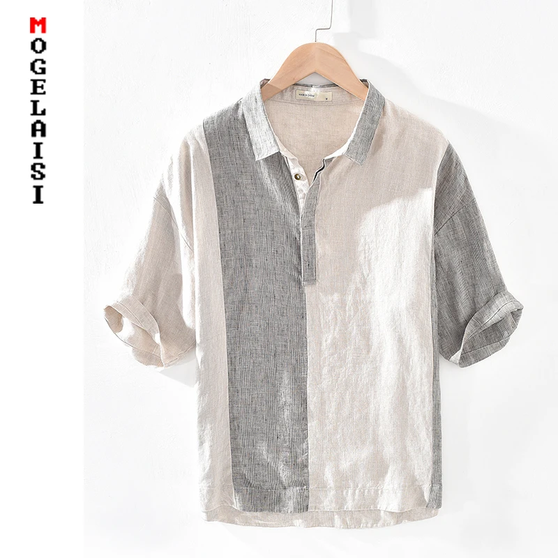 

100% Linen shirt men summer short Breathable thin man tops shirt high quality khaki man clothing chemise homme Asian size MS1723