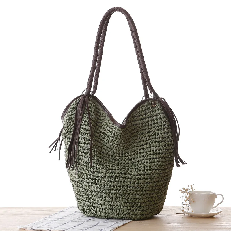 

New Single Shoulder Beach Bag Octopus Grass Woven Bag Simple Woven Tassel Bags Bucket Women's Bags
