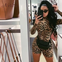 artsu tiger print sexy romper shorts long sleeve lace up fitness activewear summer women elastic playsuits new autumn