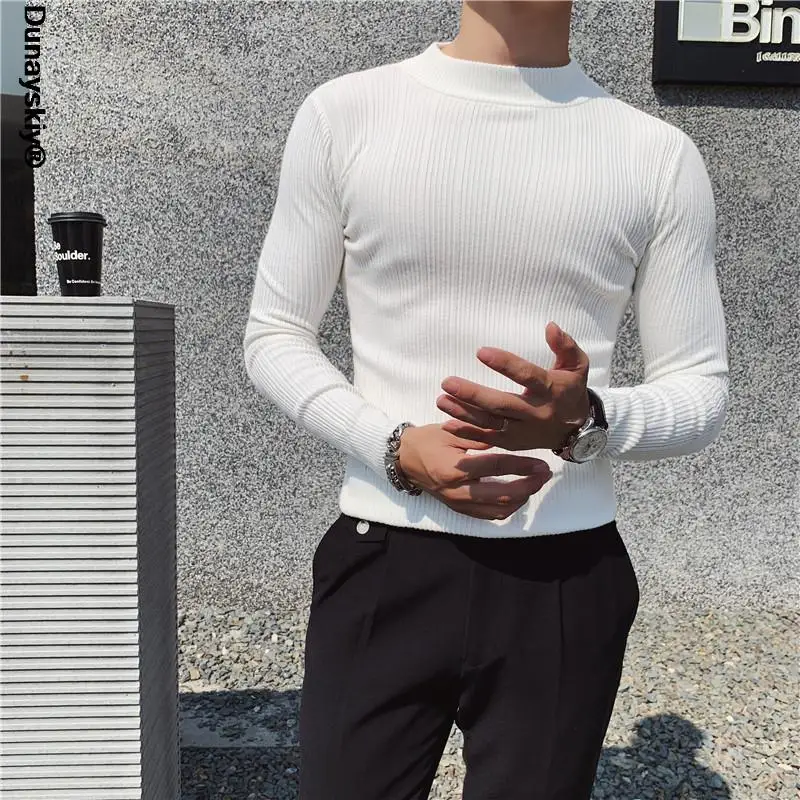 

New Autumn Winter High Collar Striped Sweater Fashion Boutique Solid Color Men's Casual Knit Pullover Tight Fashion Mens Sweater