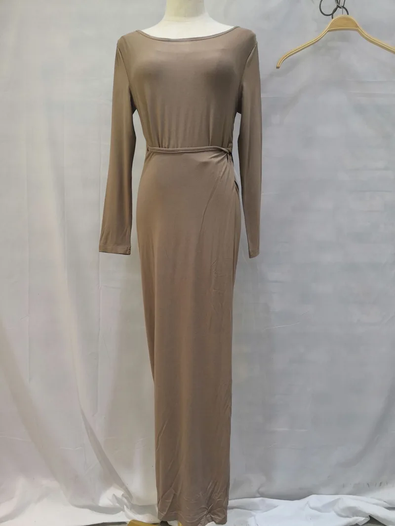 

Europe 2021 Autumn Spring New Women Long Sleeve Round Neck Slim Dress Knitted Temperament Pleated Ankle-Length Dresses UL05