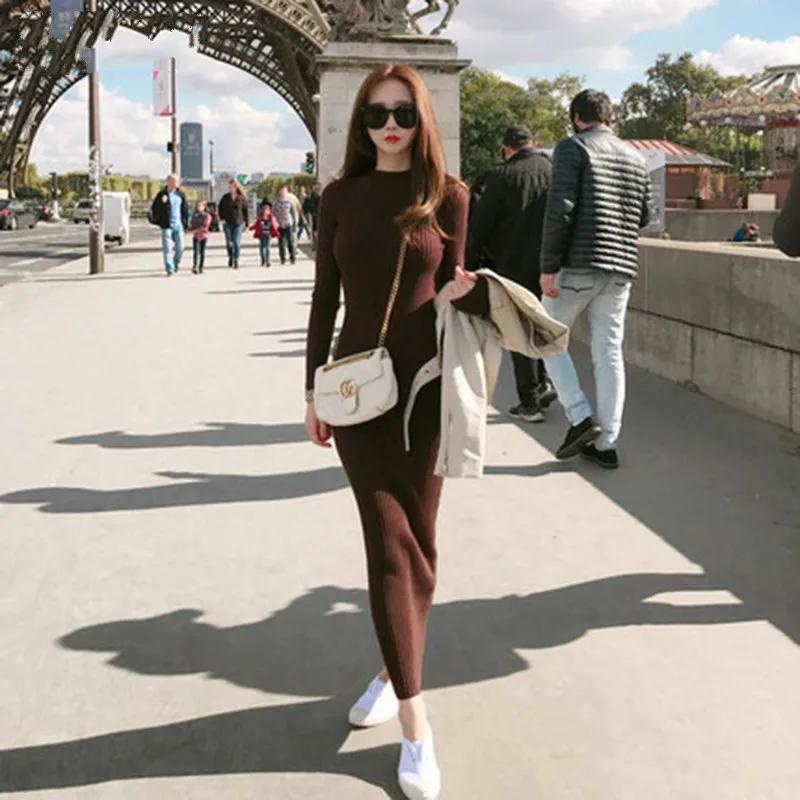 

Casual Slim Maxi Knitted Women Winter 2020 New Warm Elasticity Pullover O-neck Long Sleeves Pencil Party Dress Elegant Bodycon