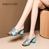 robespiere womens leather thick heel square sandals fashion floral leather high heels handmade color strange style new c06