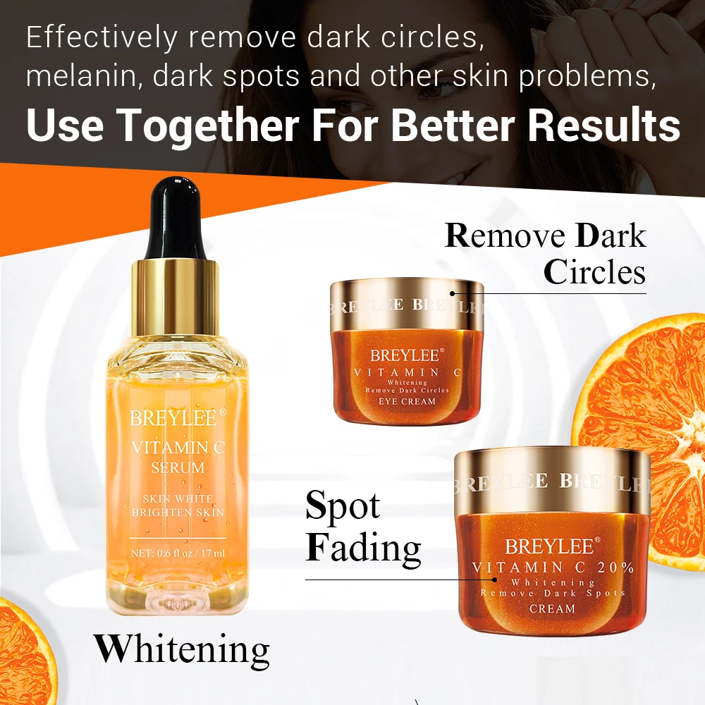 

BREYLEE Vitamin C Skin Care Set Whitening Face Cream Eyes Cream Essence Serum Remove Melanin Dark Spots Fade Fine Lines Beauty