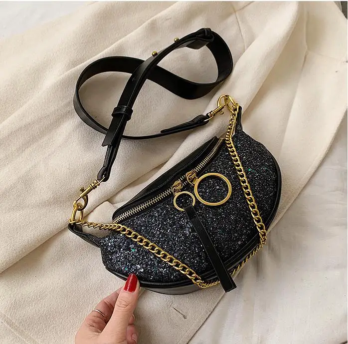 Модная женская нагрудная сумка с блестками прошитая из искусственной кожи через