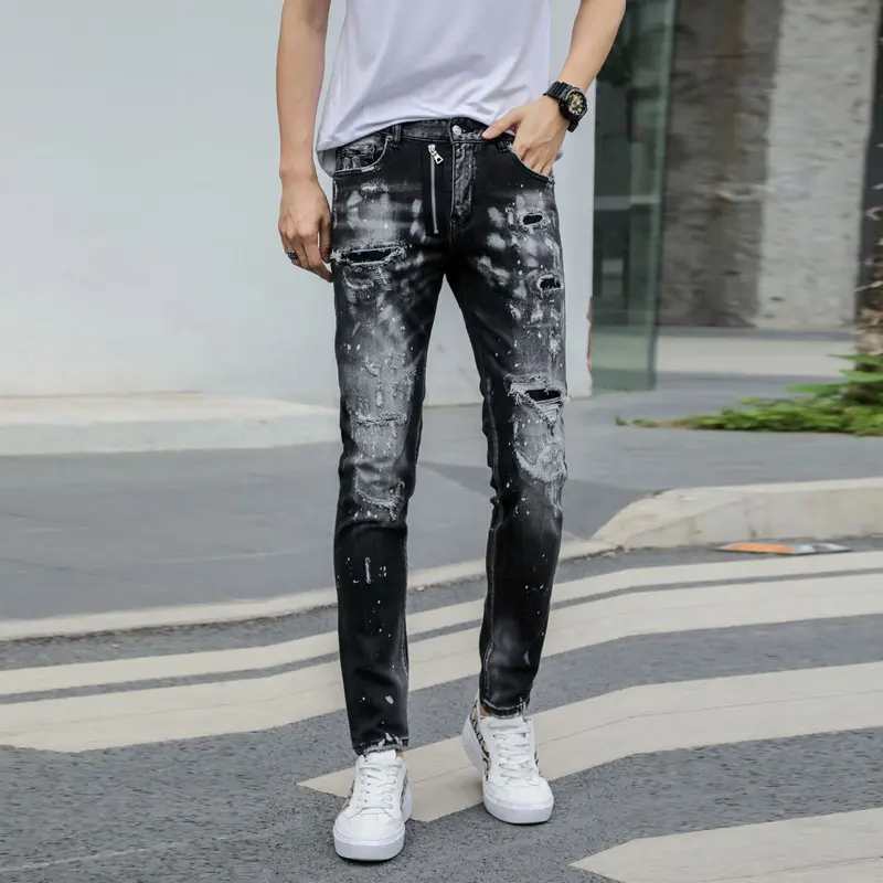 European American Street Fashion Men Jeans Retro Black Gray Destroyed Slim Ripped Jeans Men Designer Hip Hop Denim Punk Pants