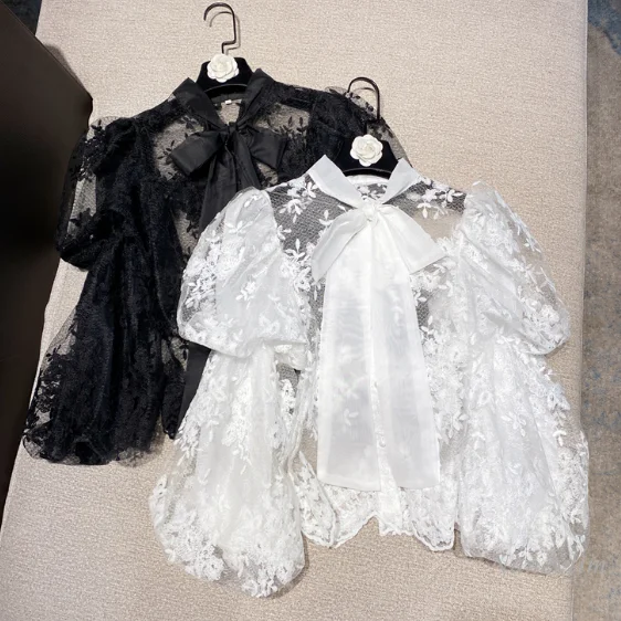 

Lace Blouse Women 2021 Spring Summer New Princess Style Bow Scarf Long Lantern Sleeve Embroidered Mesh Shirt Girls Tops Blusa
