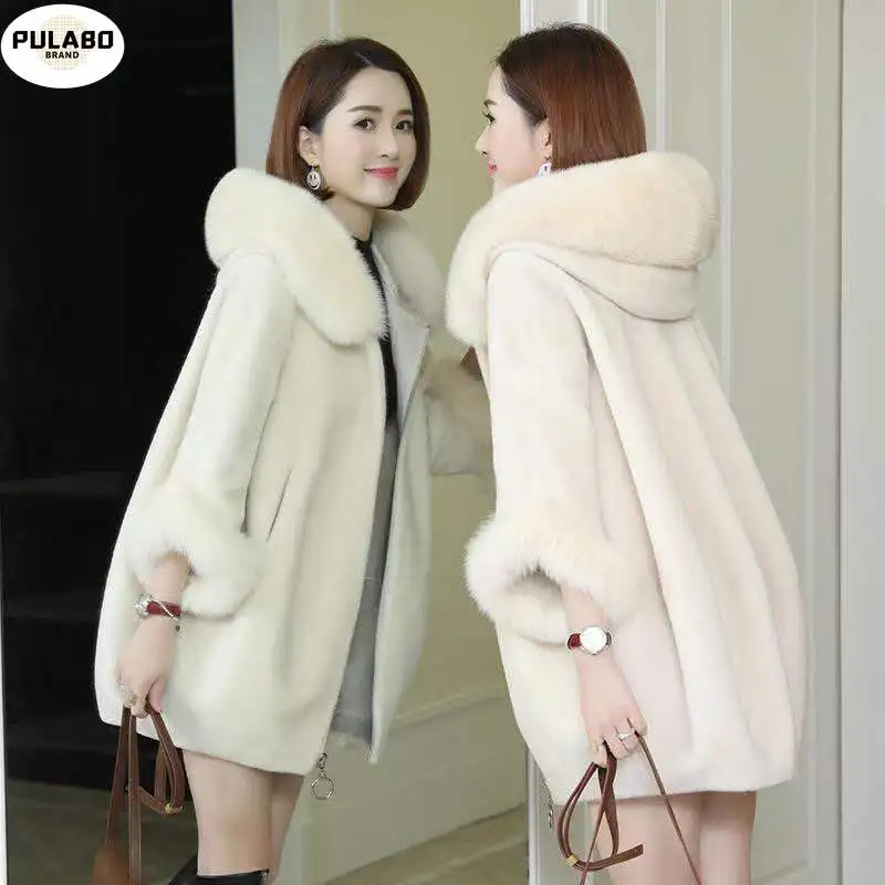 

New Winter Clothing Imitate Fur Coat Female Mid-length Imitate Fox Fur Collar Hooded Imitate Sheep Shearing Women Coat