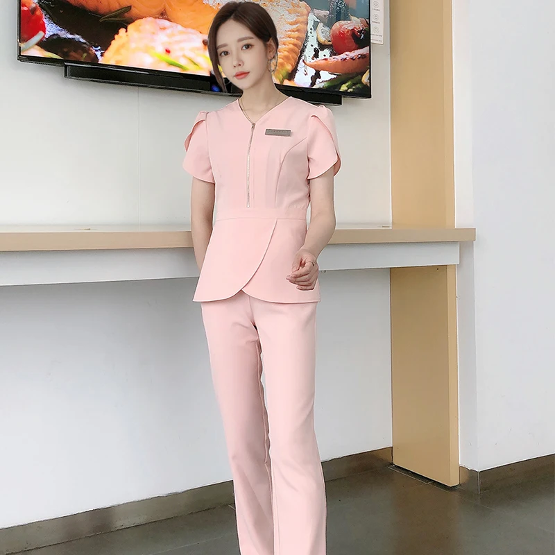 Женская рабочая форма для салона красоты однотонный костюм с V-образным вырезом