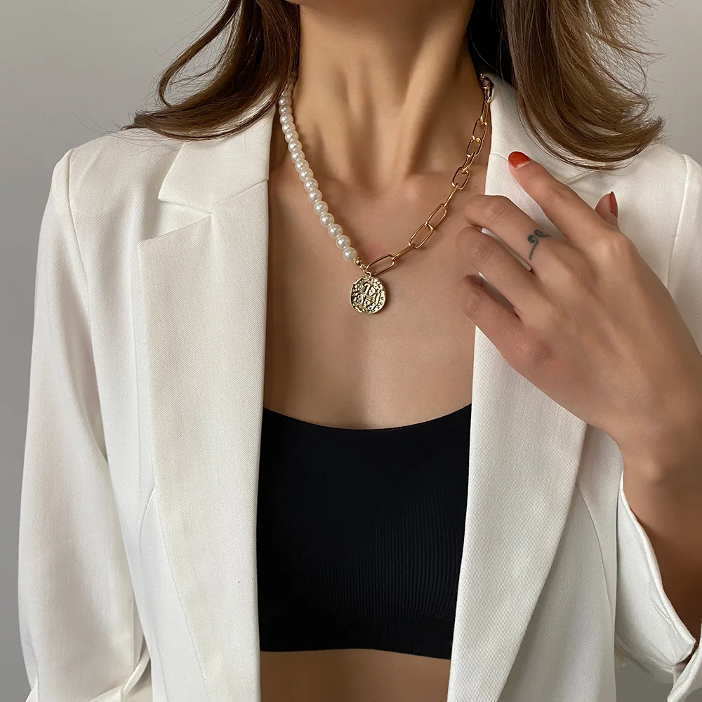 

2021 New Arrived Boho Round Coin Pendants Vintage Portrait Pearl Necklaces For Women Bohemia Gold Key Heart Long Jewelry