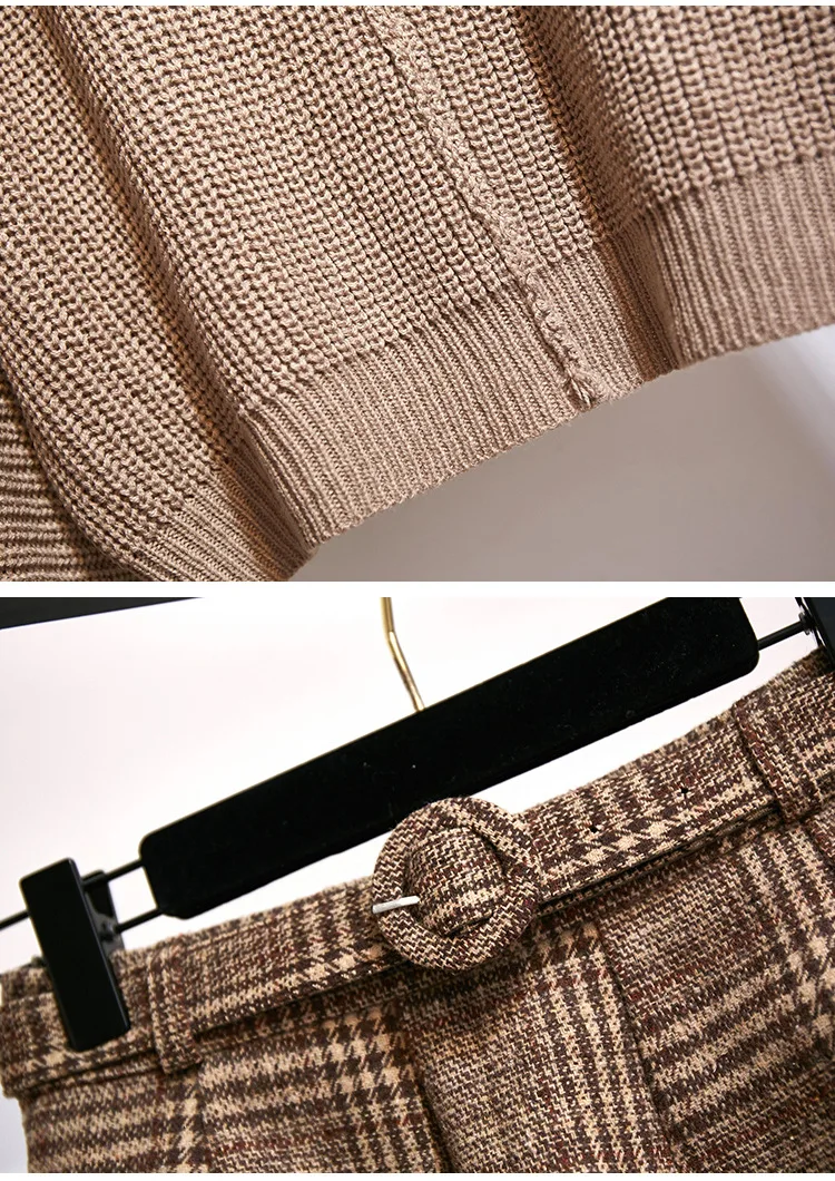 

Women 2 Pieces Set Knitted Sweater Tops and Plaid Skirt Set Korean Style Student Casual Two Piece Outfits Autumn Winter Clothing