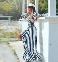 wholesale woman ruffled long sleeved dress beach dress striped maxi skirt