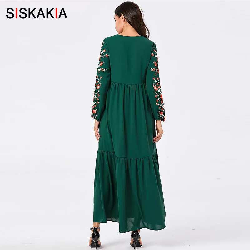 Siskakia осень, длинное платье с цветочной вышивкой, элегантное женское платье размера плюс, этнические драпированные платья с кисточками и кулиской